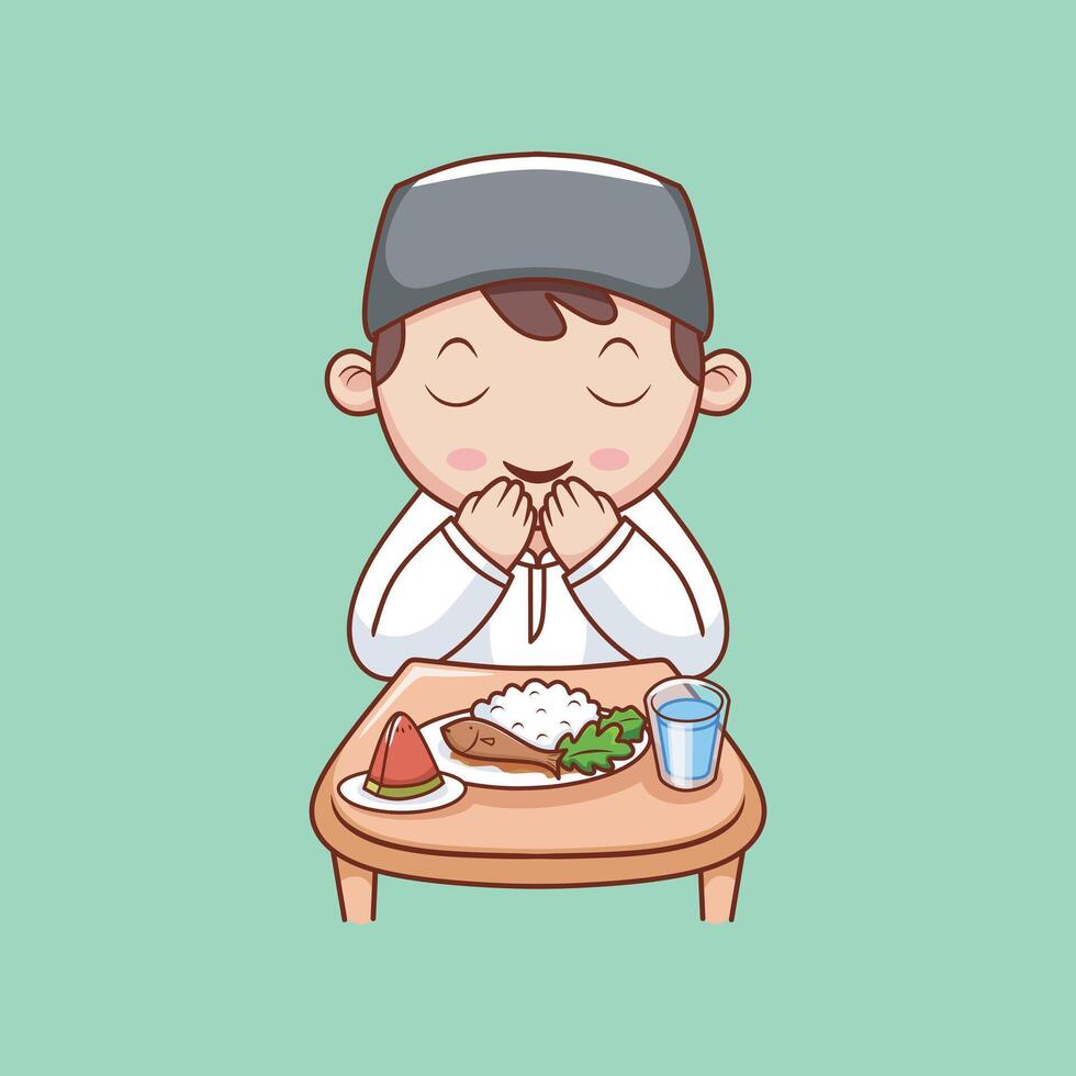 Cute Muslim boy praying when he wants or before drinking or breaking the fast. activities of people. cute little boy, handsome, adorable. Illustration , vector