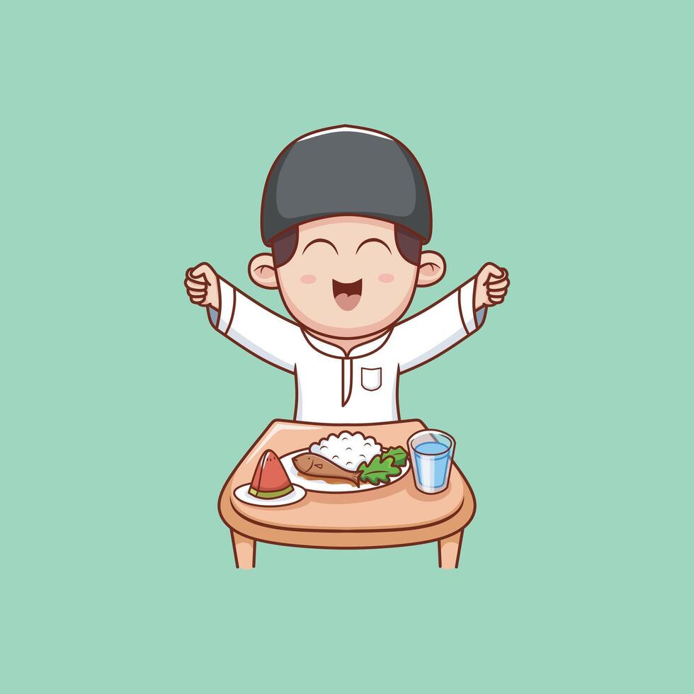 cute muslim boy illustration happy when breaking fast vector