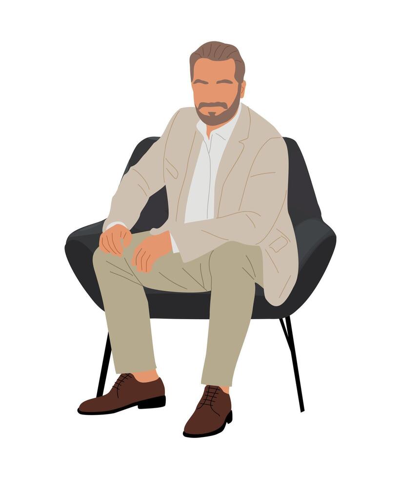 Business man sitting on armchair, taking part in meeting, business event. Handsome male character in formal beige sui vector