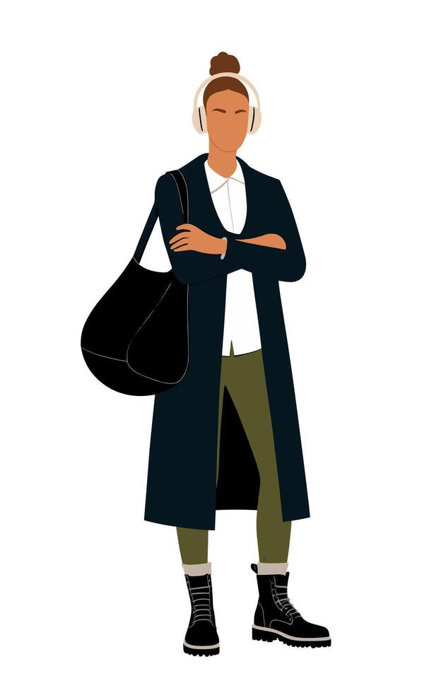 Young woman wearing headphones and black coat with black bag. Stylish girl standing with her arms crossed vector