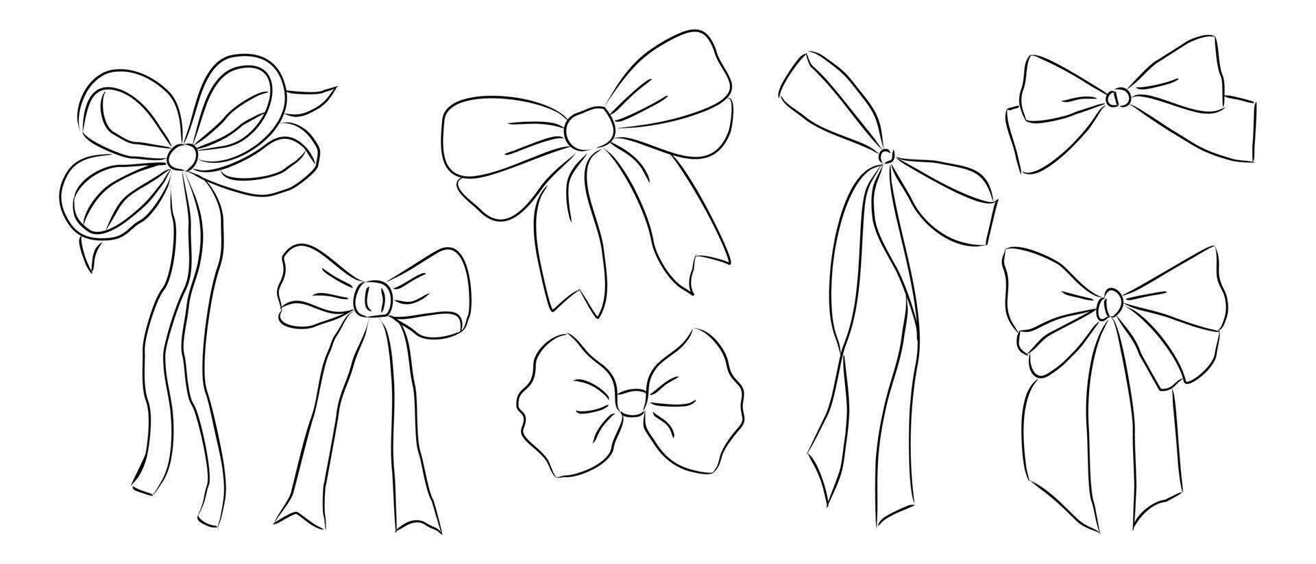 Set of tied bows in doodle style various shapes. Hand drawn Decorative birthday, Christmas, holiday ribbons vector