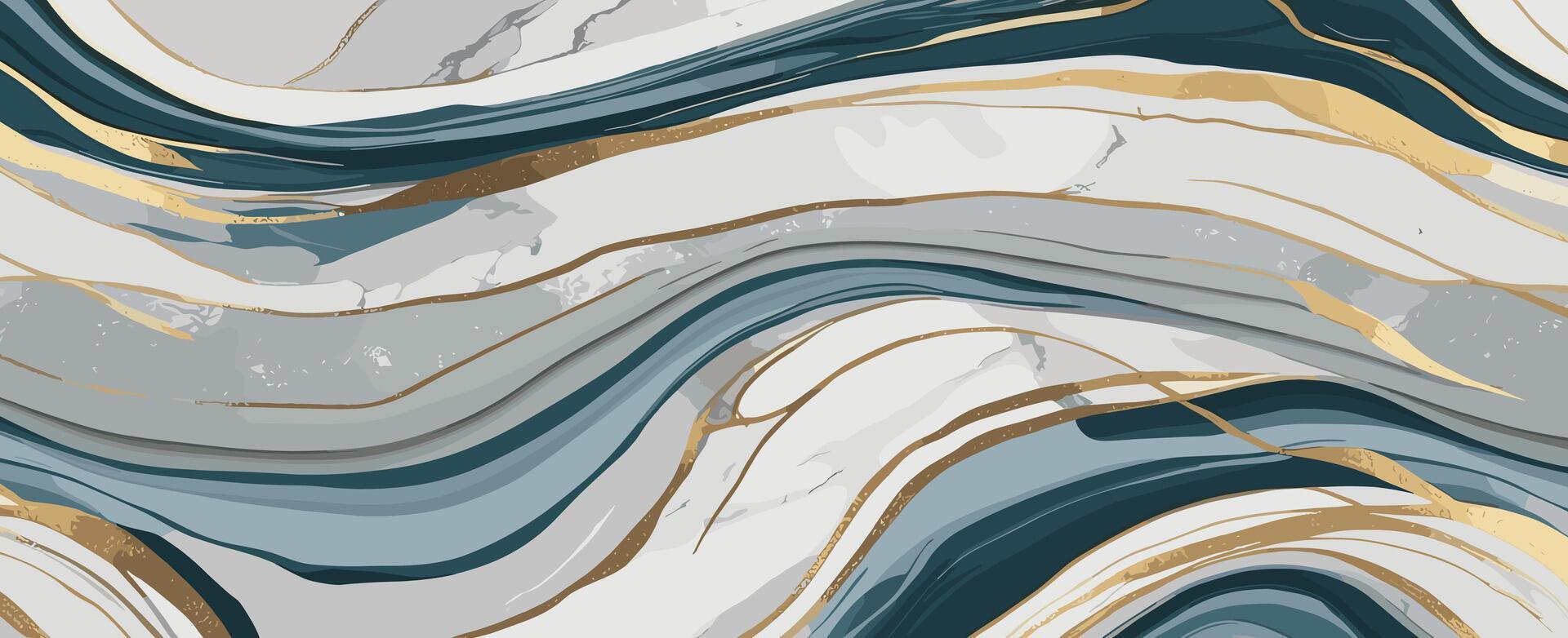 Liquid abstract blue, white and gold marble banner. Trendy alcohol ink painting background print with golden glitter splatter texture vector