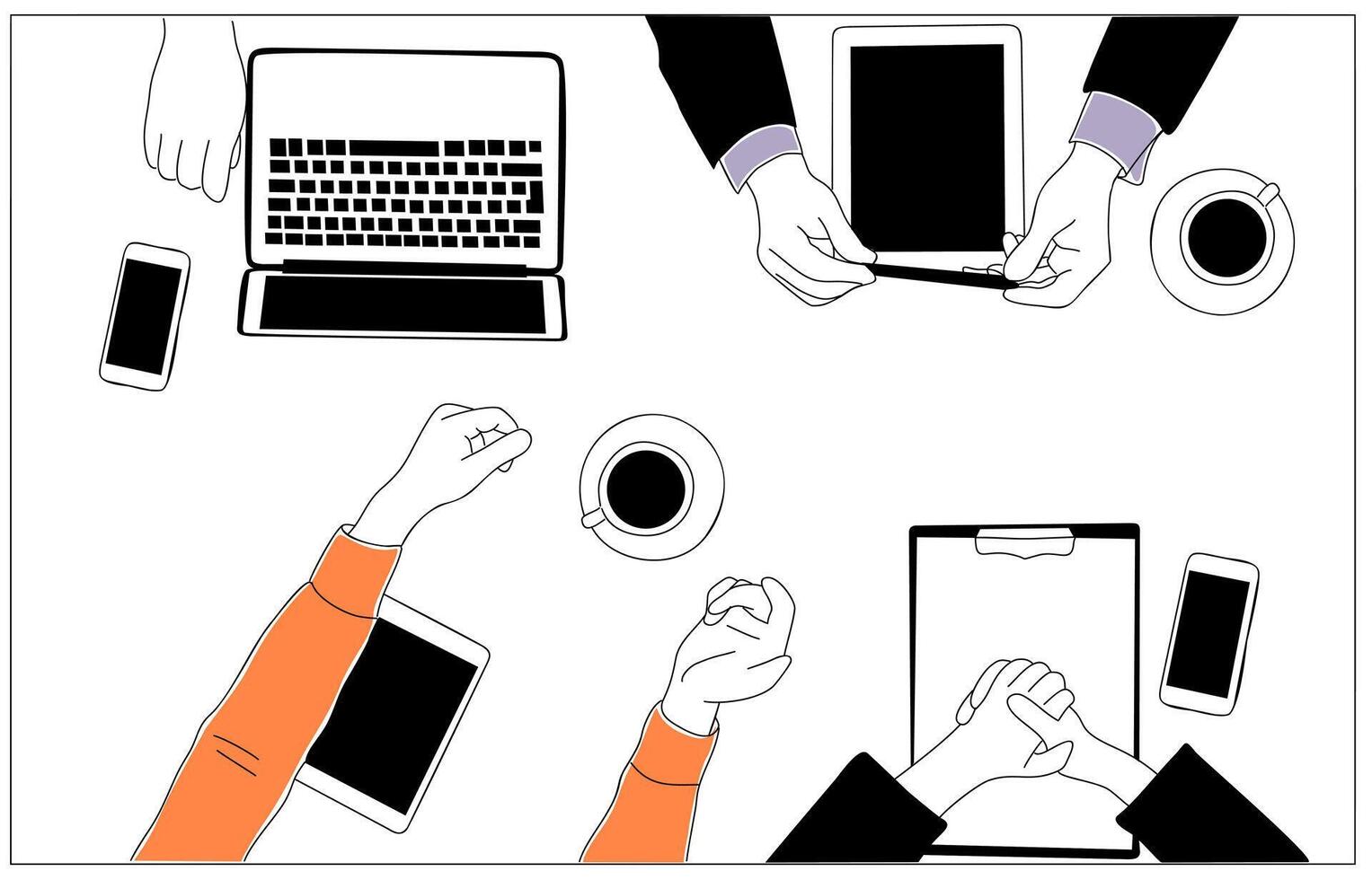 Diverse group of people sitting around table with laptops, tablet, computer. Business team working together vector