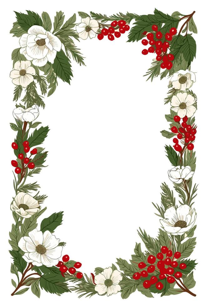 Beautiful botanical frame with winter flowers, leaves and holly berries vector