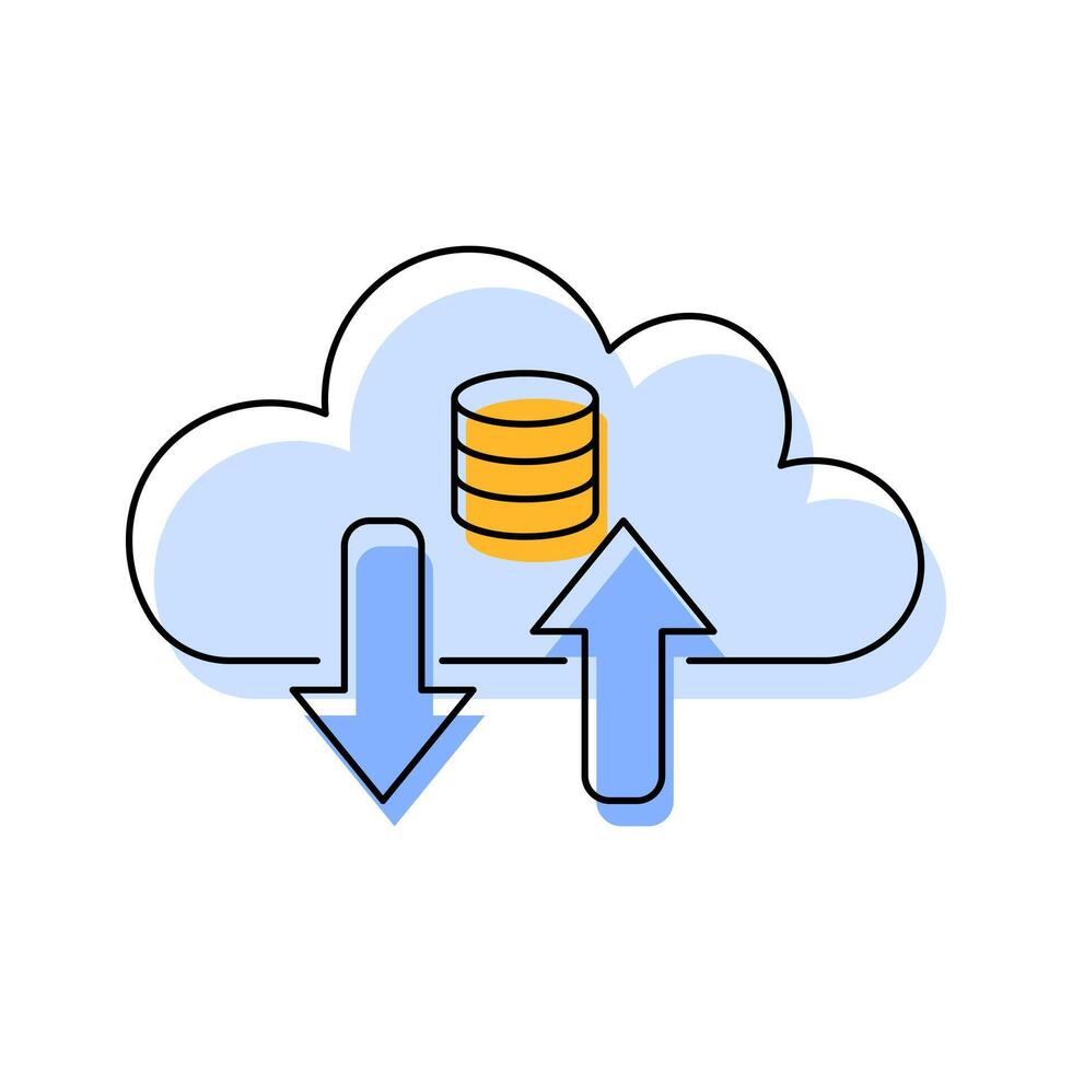 Cloud storage icon with a stack of yellow disks representing data storage in the cloud. There is a Data Transfer Arrow. Relevant in relation to cloud computing, data storage and data transfer. vector