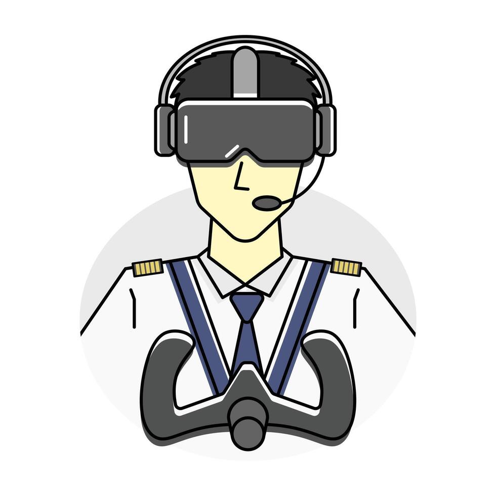 The pilot character wears a VR headset symbolizing the use of virtual reality in a pilot training simulator, indicating the training environment. Relevant in relation to aviation and technology. vector