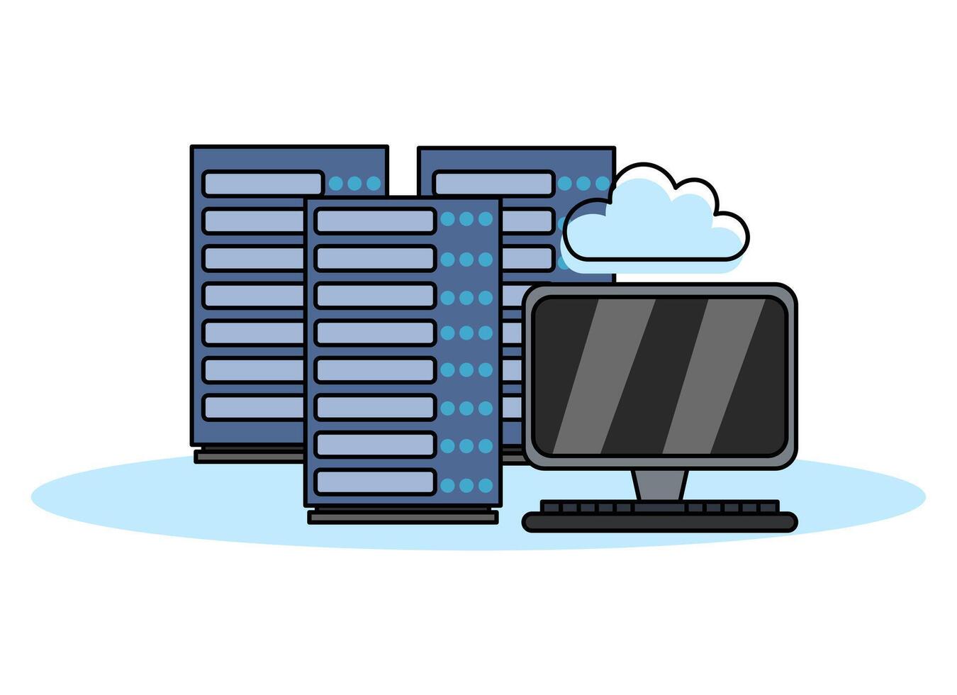Data servers, server racks and computer monitors, represent cloud computing and data storage. Relevant for topics related to technology, data management, cloud services, and IT infrastructure. vector