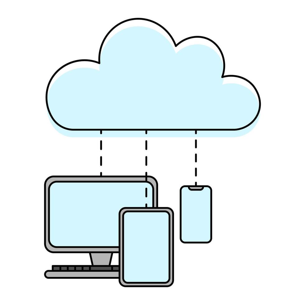 Cloud network concept. Cloud icon connected to desktop, tablet, and smartphone. Represents data synchronization, sharing, and access across devices. Modern data storage and access solution. vector