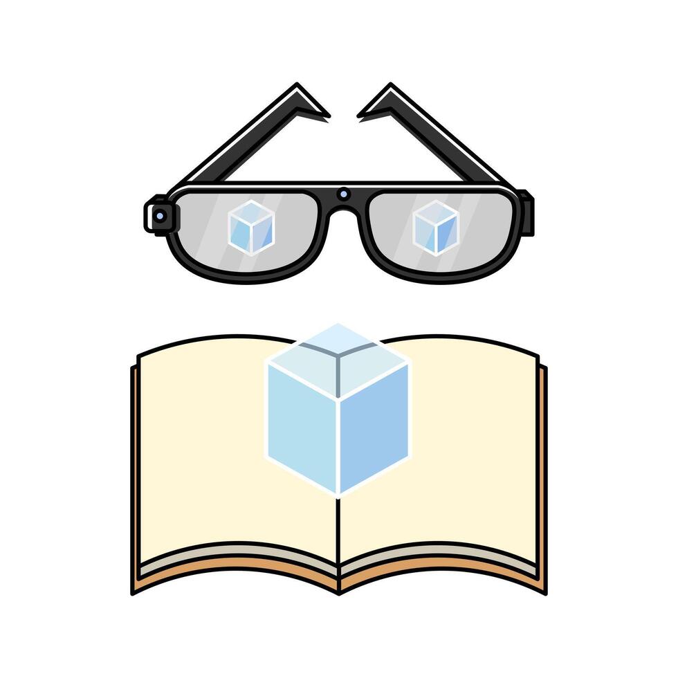AR glasses with a 3D cube emerging from a book. Represents the integration of digital elements with physical objects. Relevant to augmented reality, virtual reality, and mixed reality technologies. vector