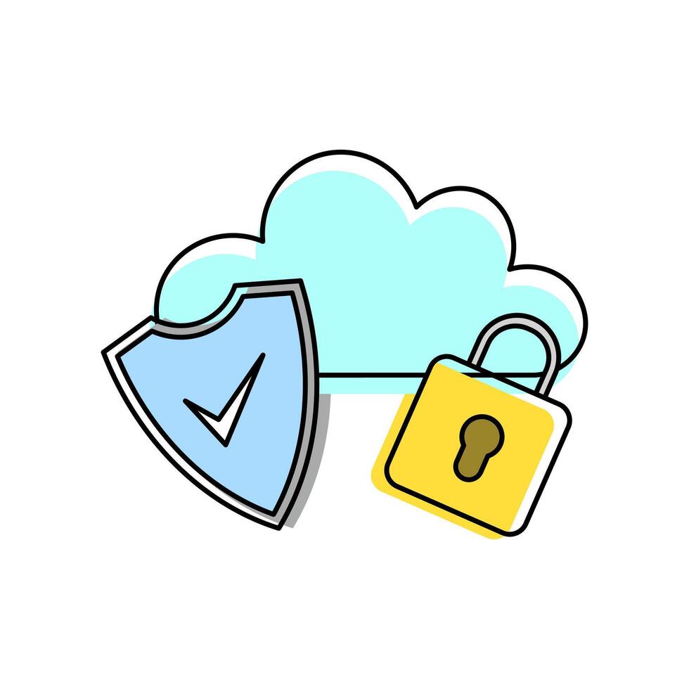 Concept representing cloud security, featuring a blue cloud, a shield with a check mark, and a yellow padlock. Symbolizes data protection and cybersecurity in a cloud computing environment. vector