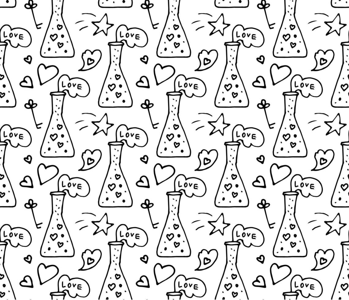 romantic pattern with love poison in doodle style. Outlined vector