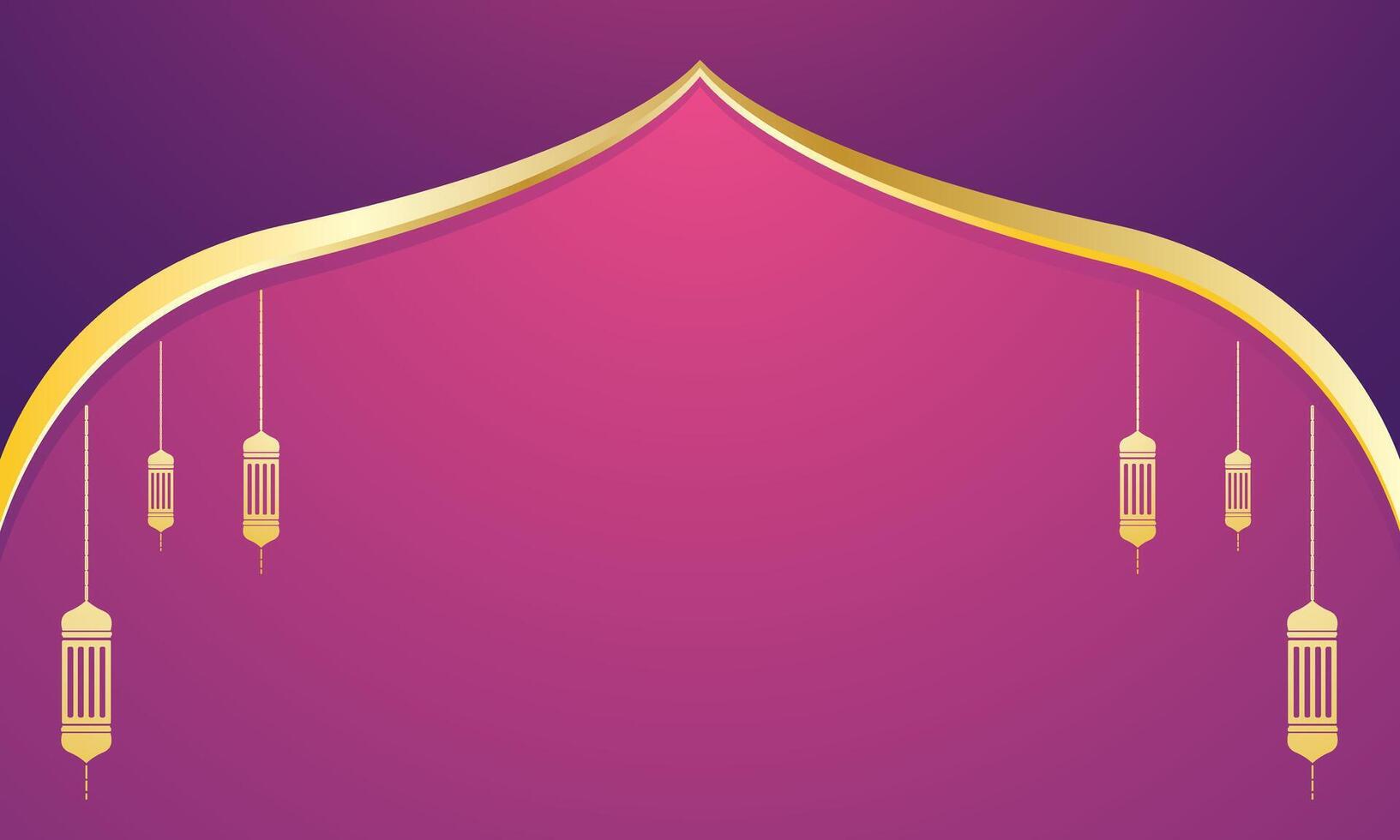 Islamic greeting card background with bright purple ornaments with lantern lights vector