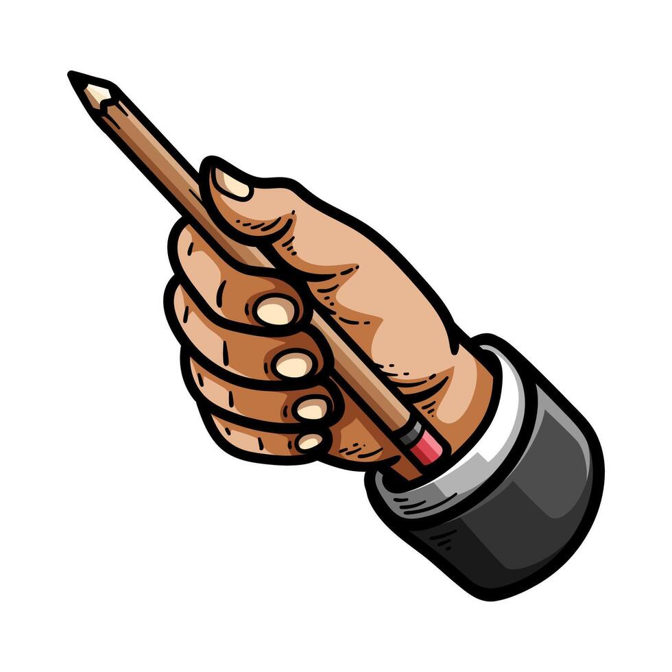 hand holding pencil isolated colored drawing line art style sketch classic vintage design illustration vector