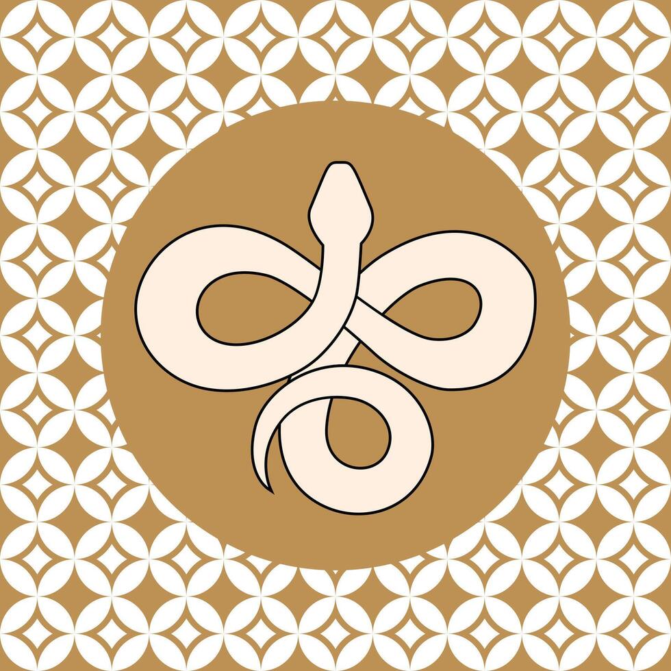 Stylized white snake in golden circle on geometric patterned background vector