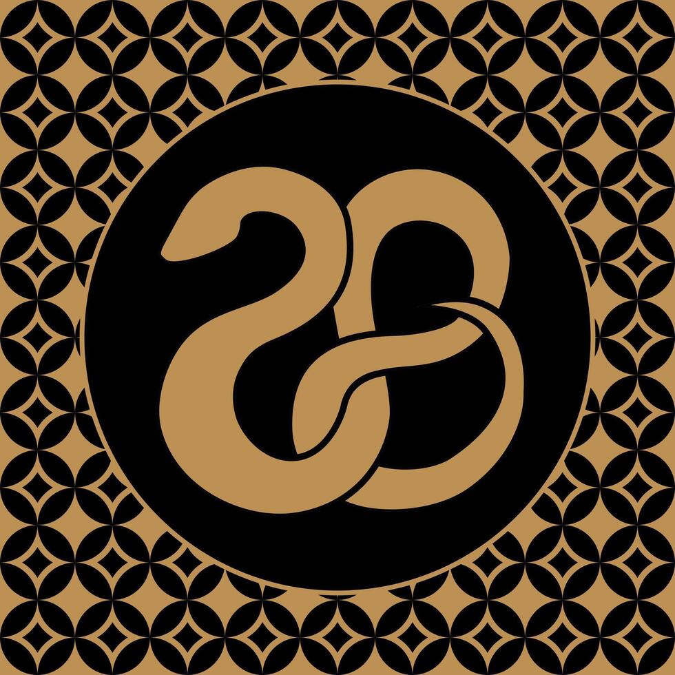 Stylized gold snake in black circle frame on geometric star background. vector