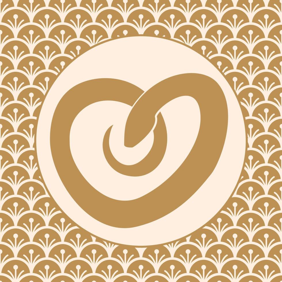 heart shaped snake in circle on patterned golden background. vector