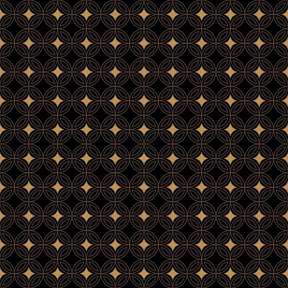 Seamless geometric pattern of gold stars and circles on black background. vector