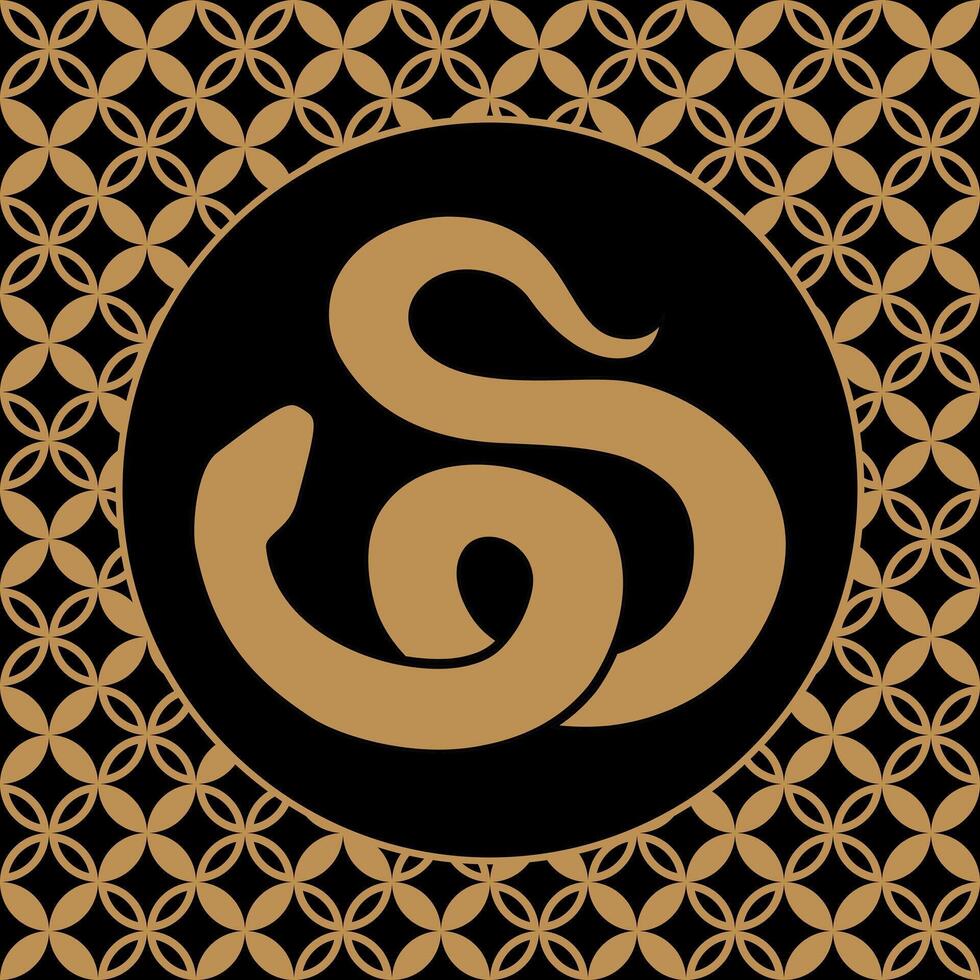 Stylized coiled gold snake silhouette in black circle frame on geometric patterned background vector