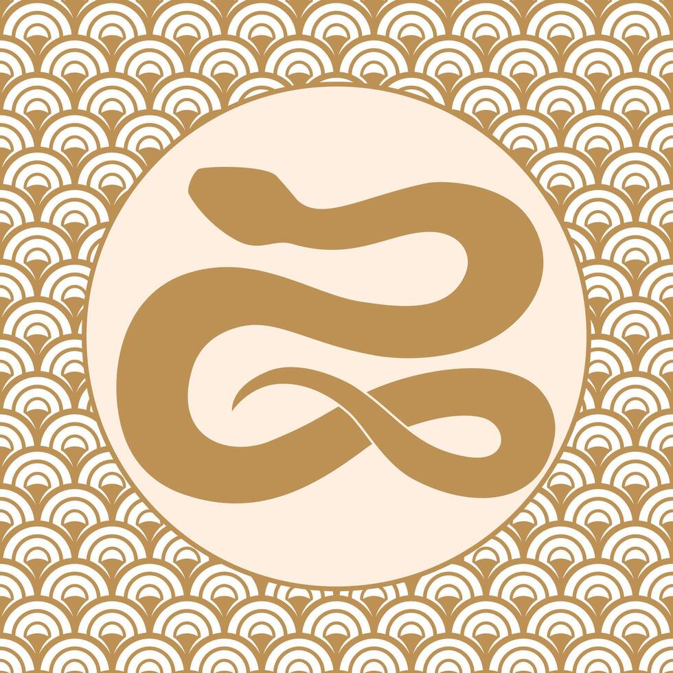 Stylish golden snake silhouette in circle on patterned background. vector