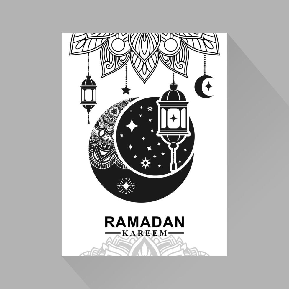 Ramadan Kareem greeting card decorated with mandala elements, crescent moon, lanterns and stars vector
