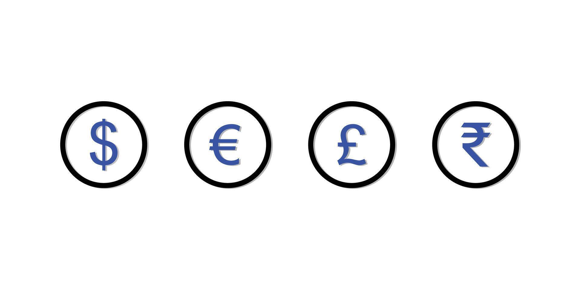 Currency symbols the US dollar, Euro, British Pound and Indian Rupee within circular frames. vector