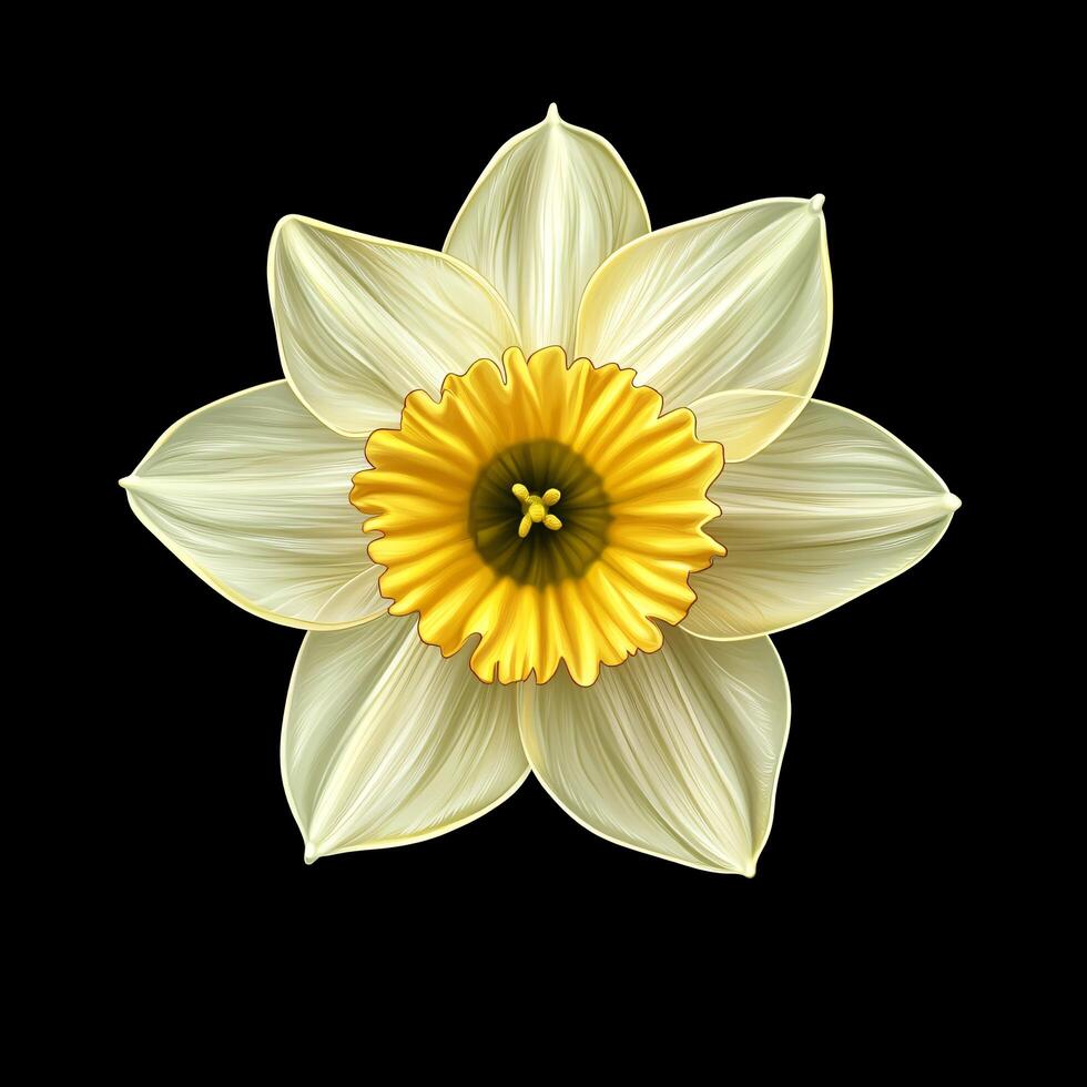 A single yellow daffodil flower is shown on a black background photo