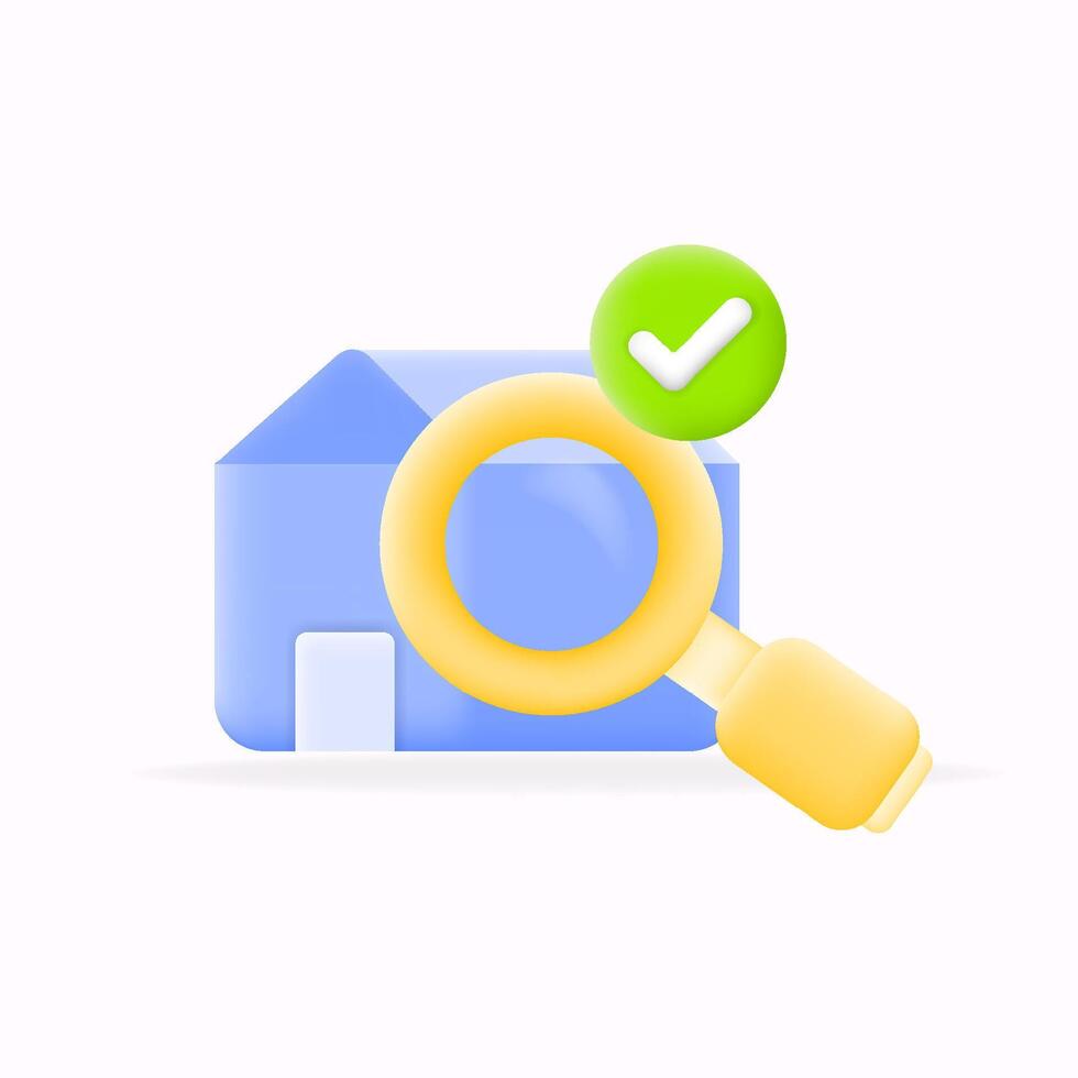 3d icon illustration House inspection featuring a blue home with a magnifying glass and a green check mark.real estate, home appraisal, and property evaluation services vector