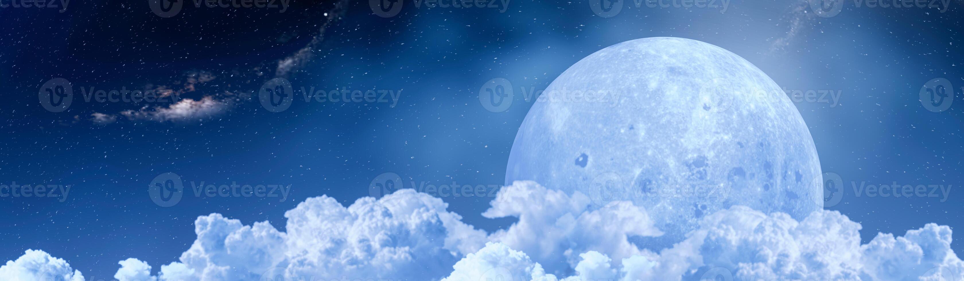 The sky or space has a large moon. Cumulus clouds cover the large lunar surface and the constellation Nebula is the distant background 3d rendering photo