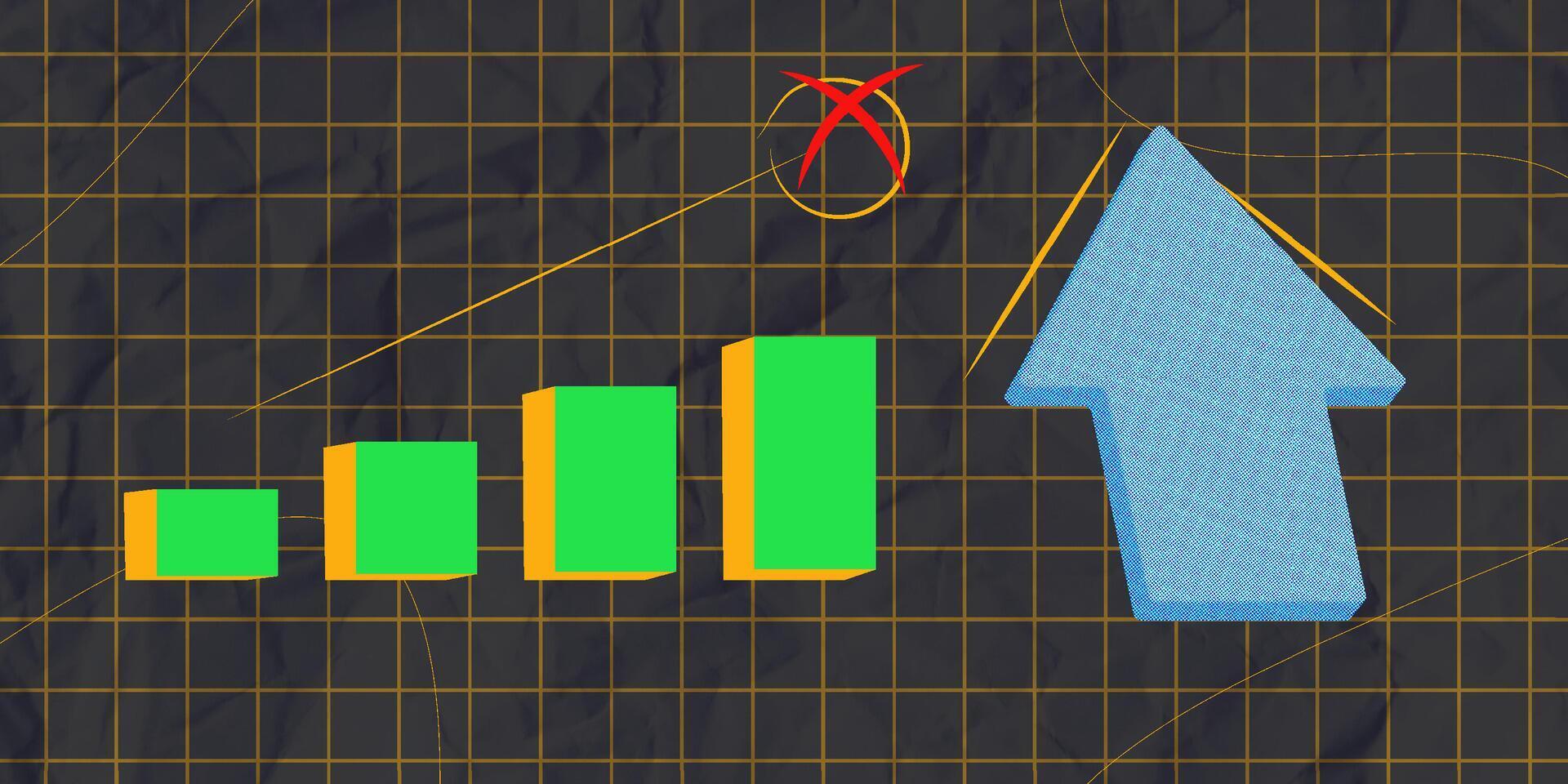 Halftone collage Blue arrow and green bar going up symbolizes progress and success, ideal for business presentations, analytics and data-driven strategy modern retro illustration vector