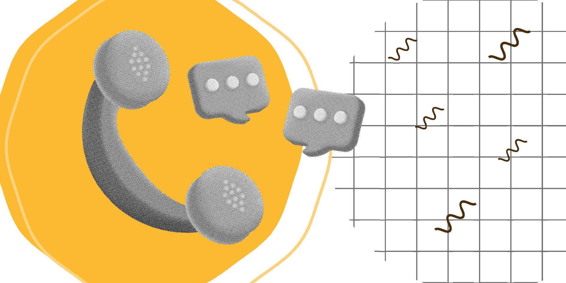 Trendy halftone 3D illustration with a retro phone icon and chat bubbles, set against a yellow and grid background vector