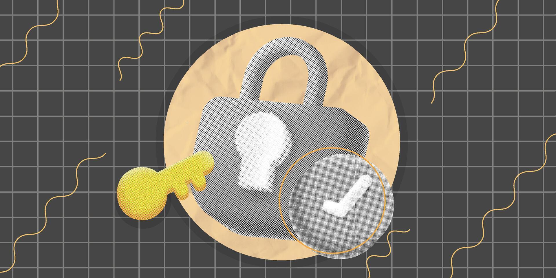 Collage halftone padlock key and checkmark. symbolizing strong security. Perfect for illustrating cybersecurity, data protection, and privacy topics vector