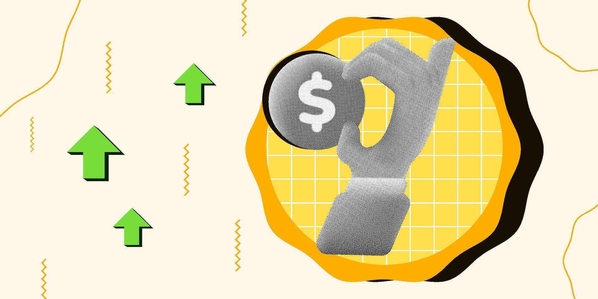 Hand holding a coin with a dollar symbol and green upward arrows. Ideal for financial growth, investment, and economic success visuals in marketing campaigns vector