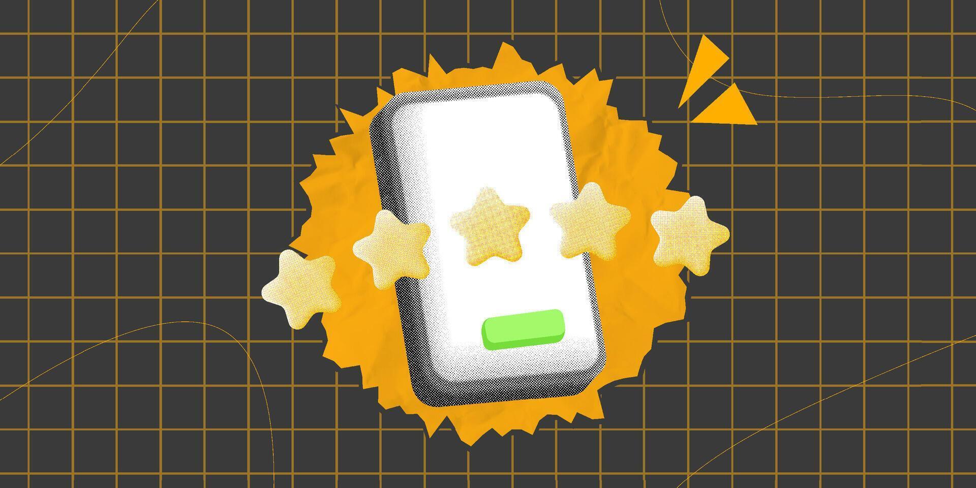 halftone collage smartphone with five stars, symbolizing high ratings and positive feedback. Perfect for promoting customer reviews, app ratings, and user satisfaction in digital marketing campaigns vector