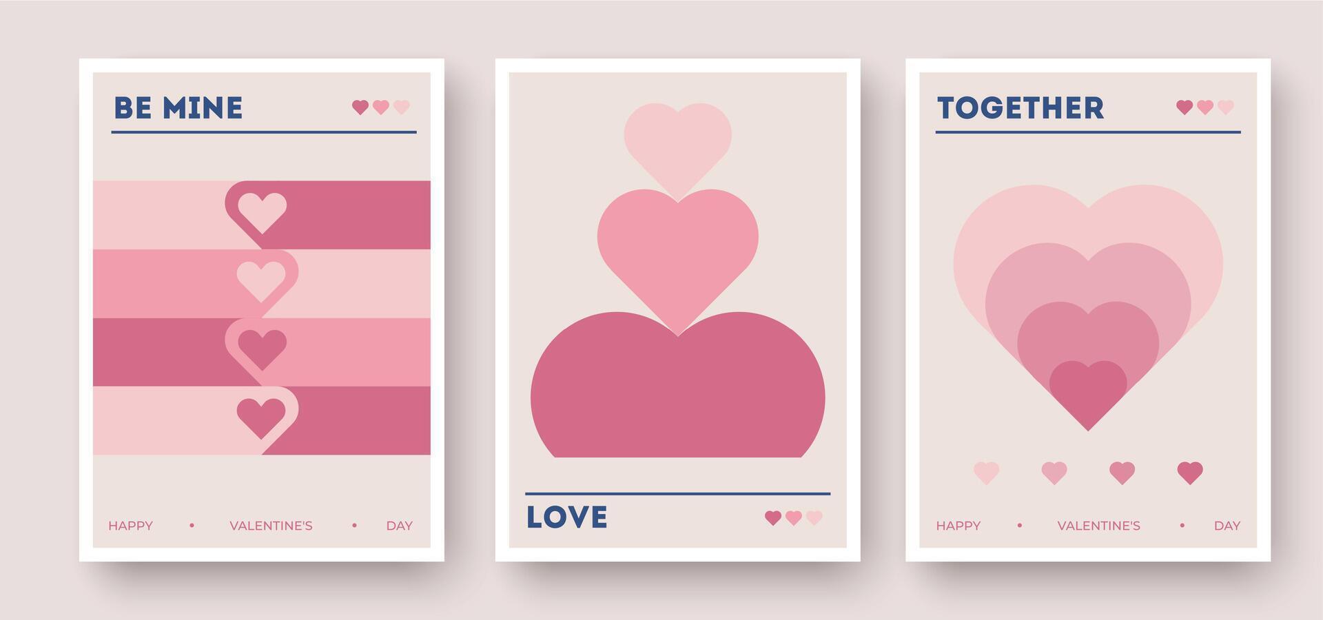 Valentines Day cards in soft pink tones with layered heart graphics, and modern minimalistic designs vector