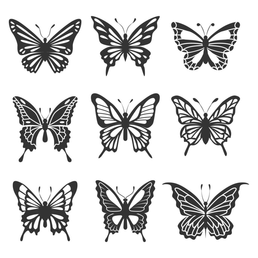 Nine black and white butterfly silhouettes with detailed wing patterns vector