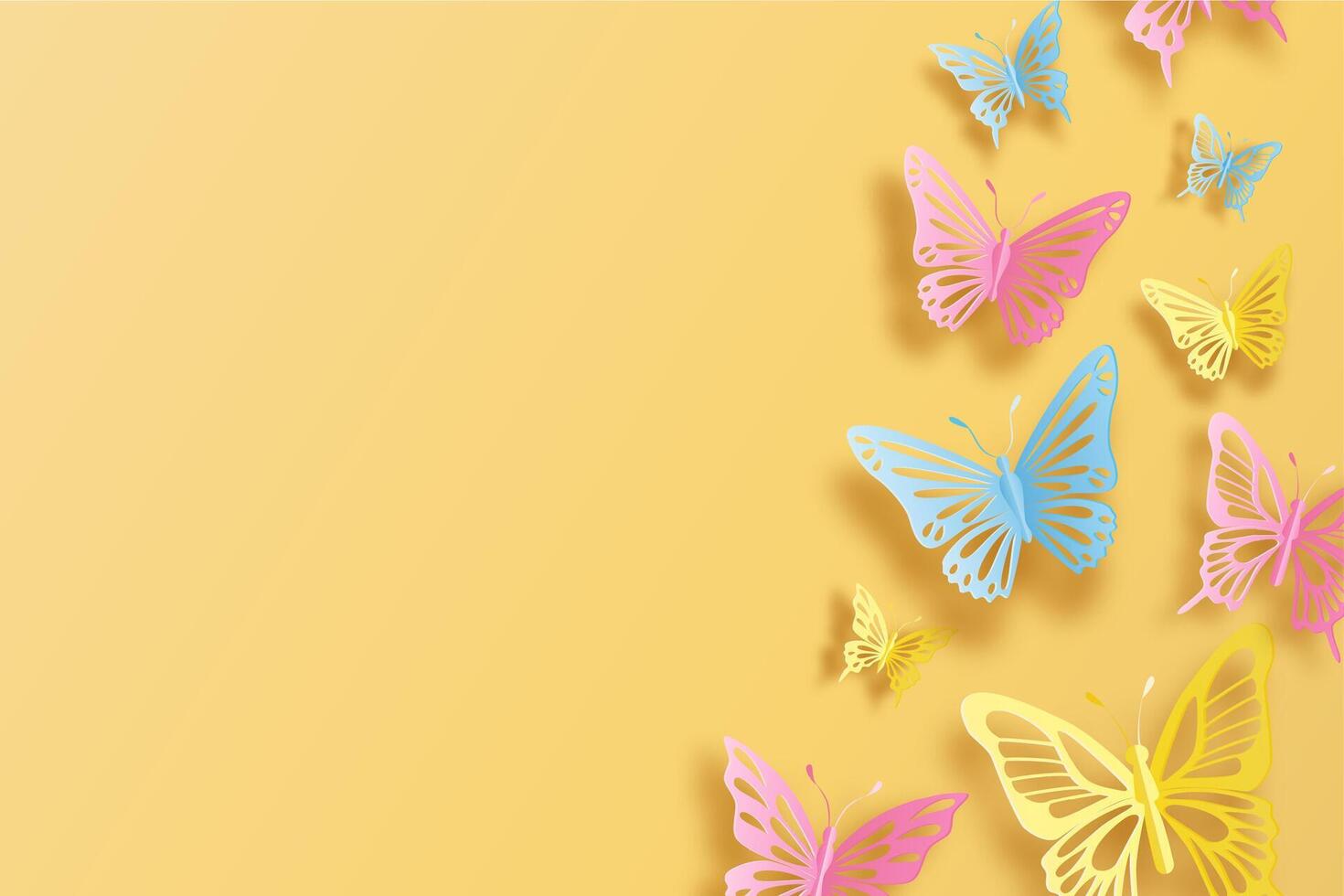 Paper cut butterflies in pink, blue, and yellow on a yellow background vector
