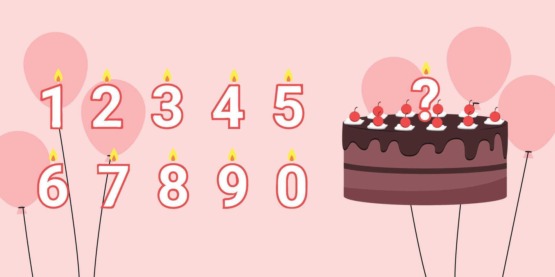 Illustration of a chocolate birthday cake with cherries, pink balloons, and number-shaped candles from 1 to 9. Ideal for customizable birthday designs or party invitations. vector