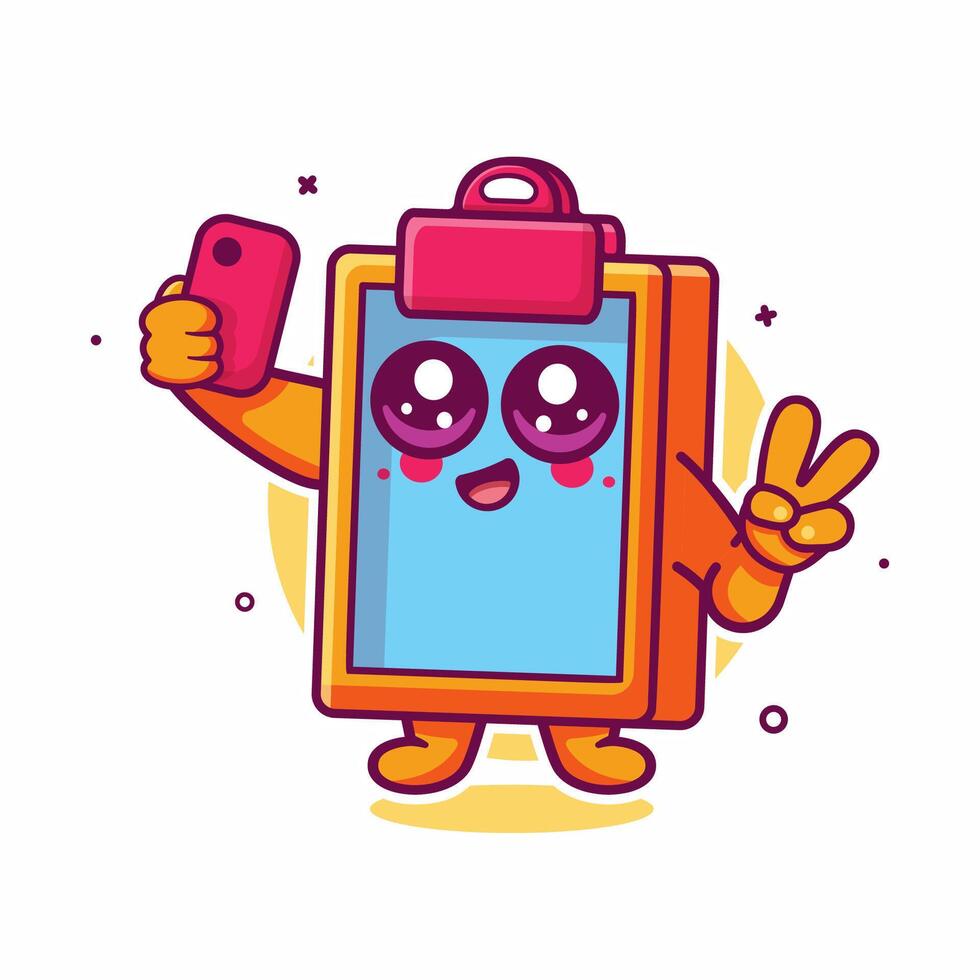 funny clipboard character mascot taking a selfie with a smartphone isolated cartoon vector