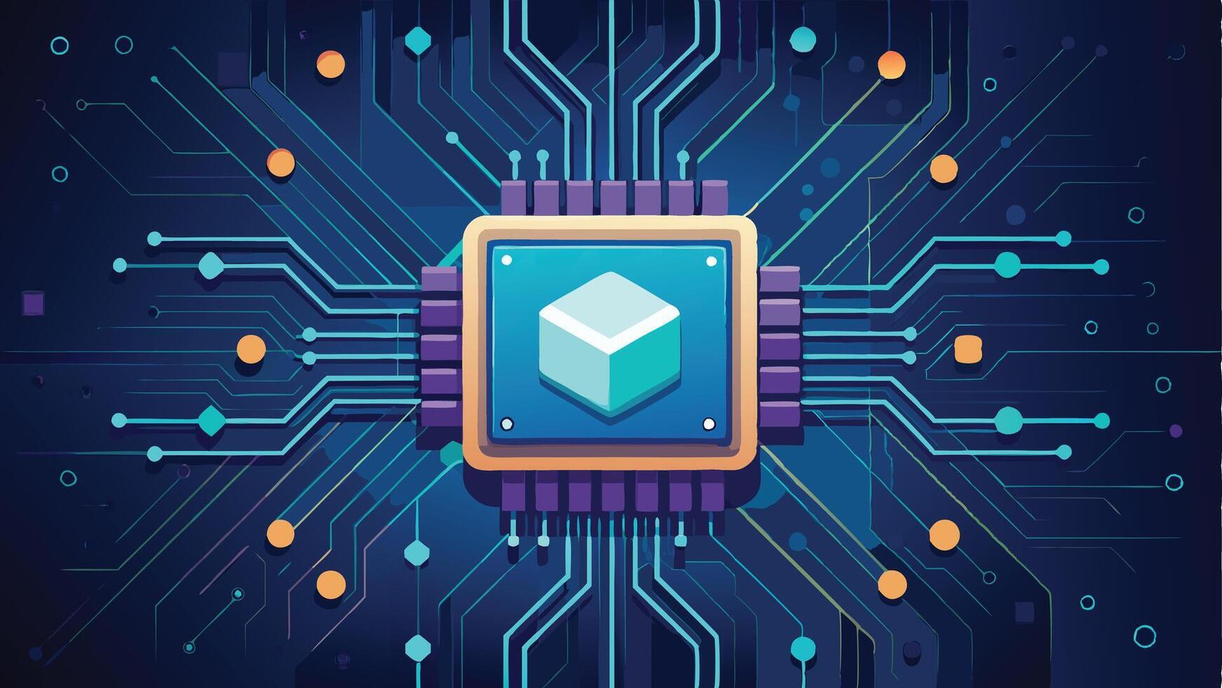 Circuit Background Featuring a Glowing Computer Chip in the Center with Futuristic Design vector