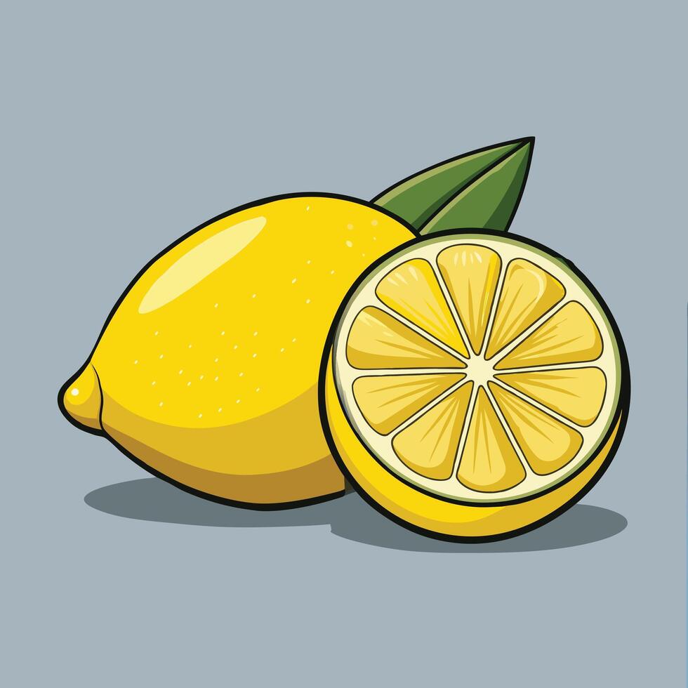Juicy lemon with slice and leaves. Fresh citrus fruits whole and halves isolated illustration. vector