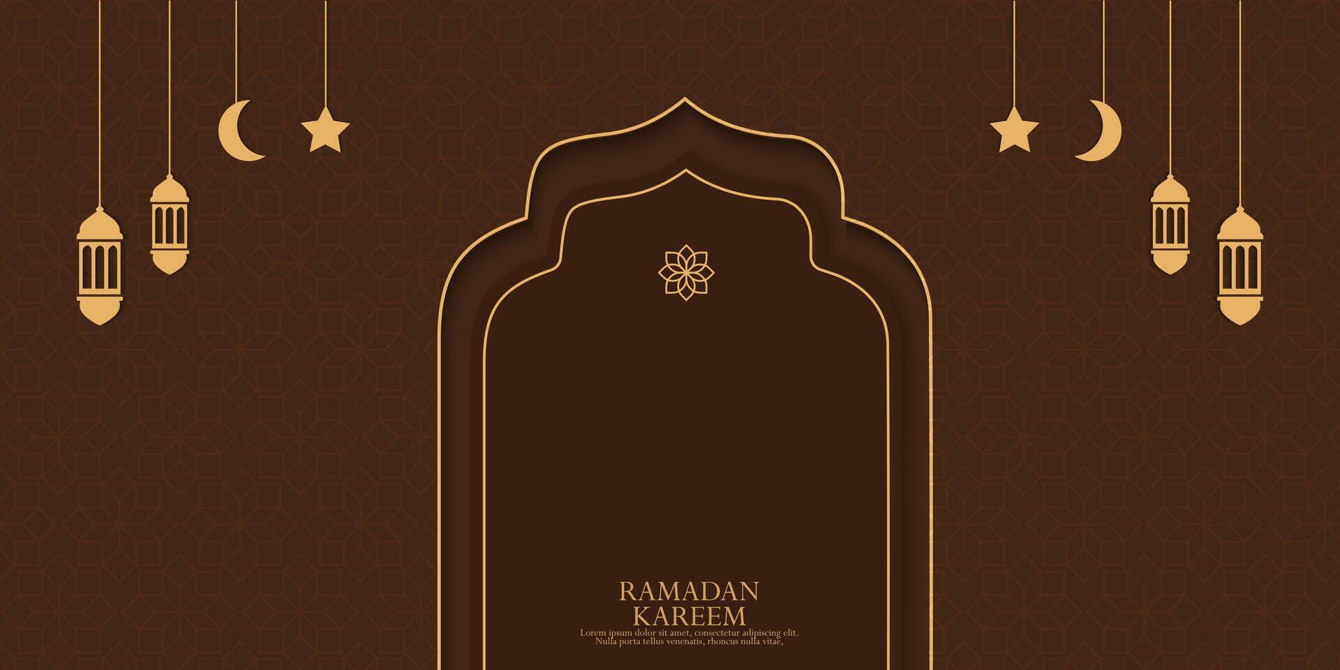 ramadan kareem greeting card with arabic ornaments on brown background vector