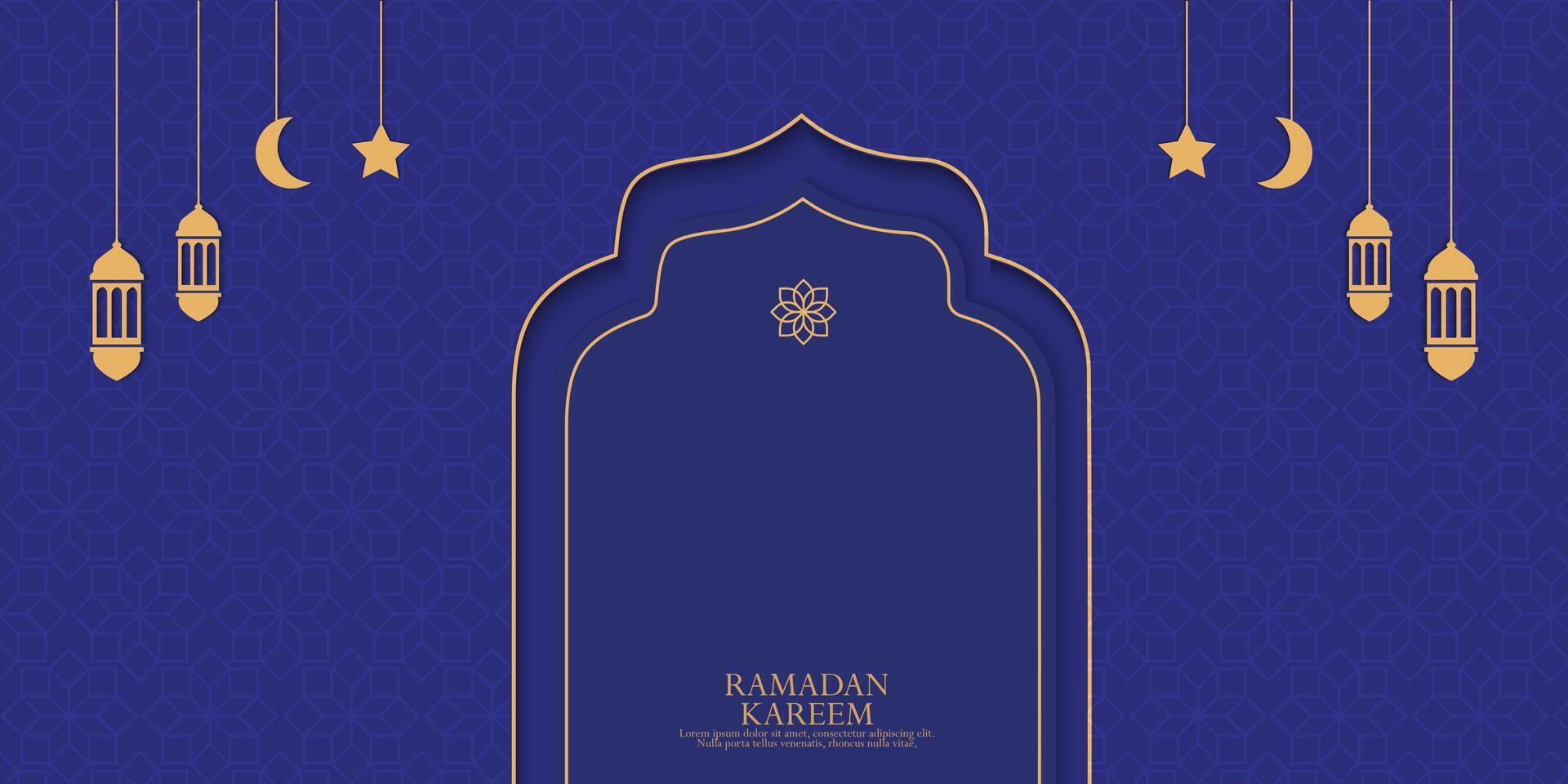 ramadan kareem greeting card with arabic decorations and copy space vector
