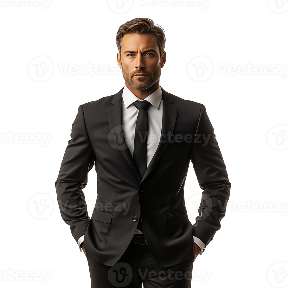 Professional businessman in a black suit with a confident expression in a studio setting png
