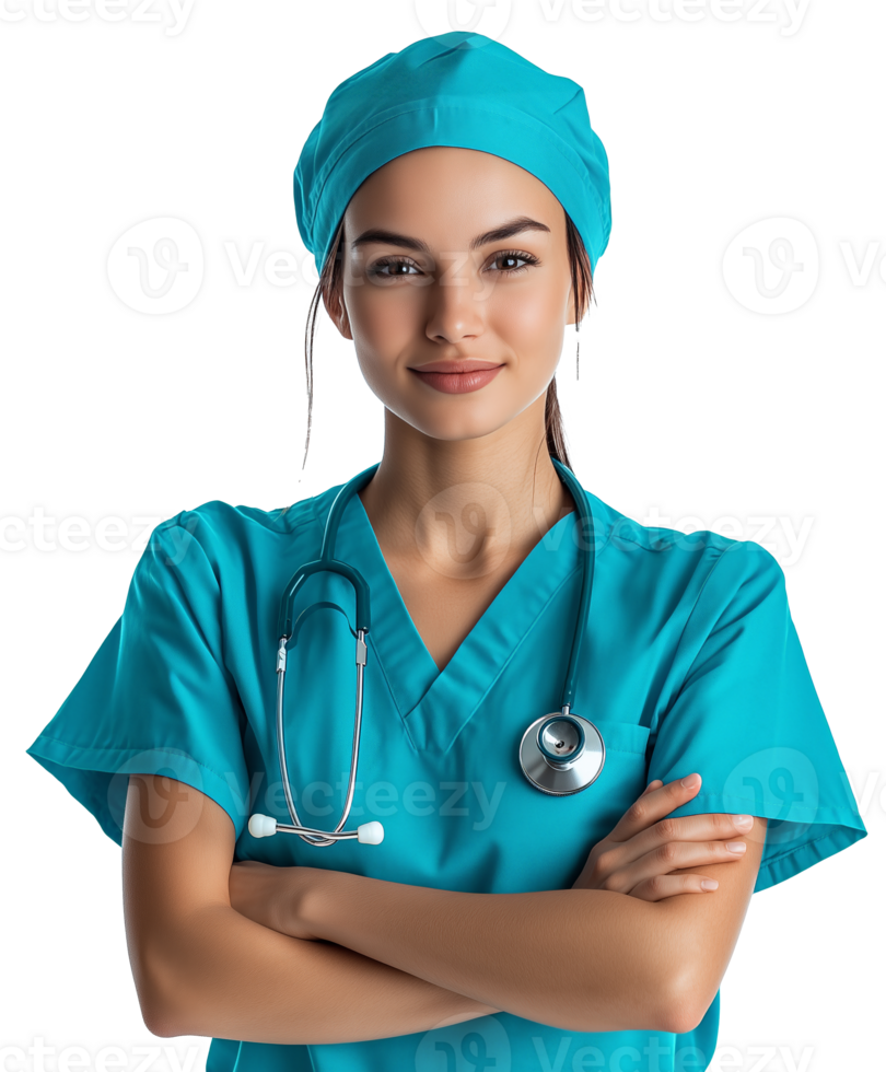 Healthcare professional wearing scrubs and stethoscope with a confident expression in a clinical setting png
