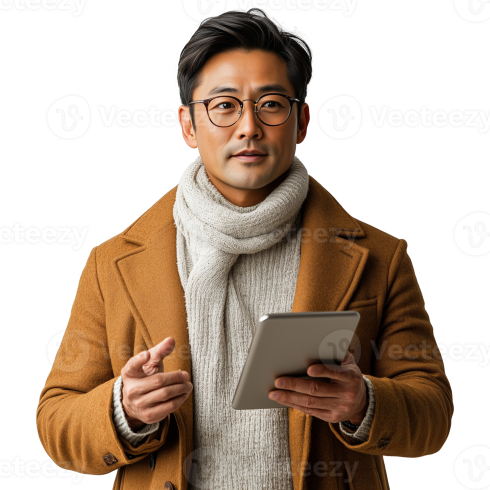 Man wearing a scarf and coat using a tablet while standing indoors in neutral lighting png