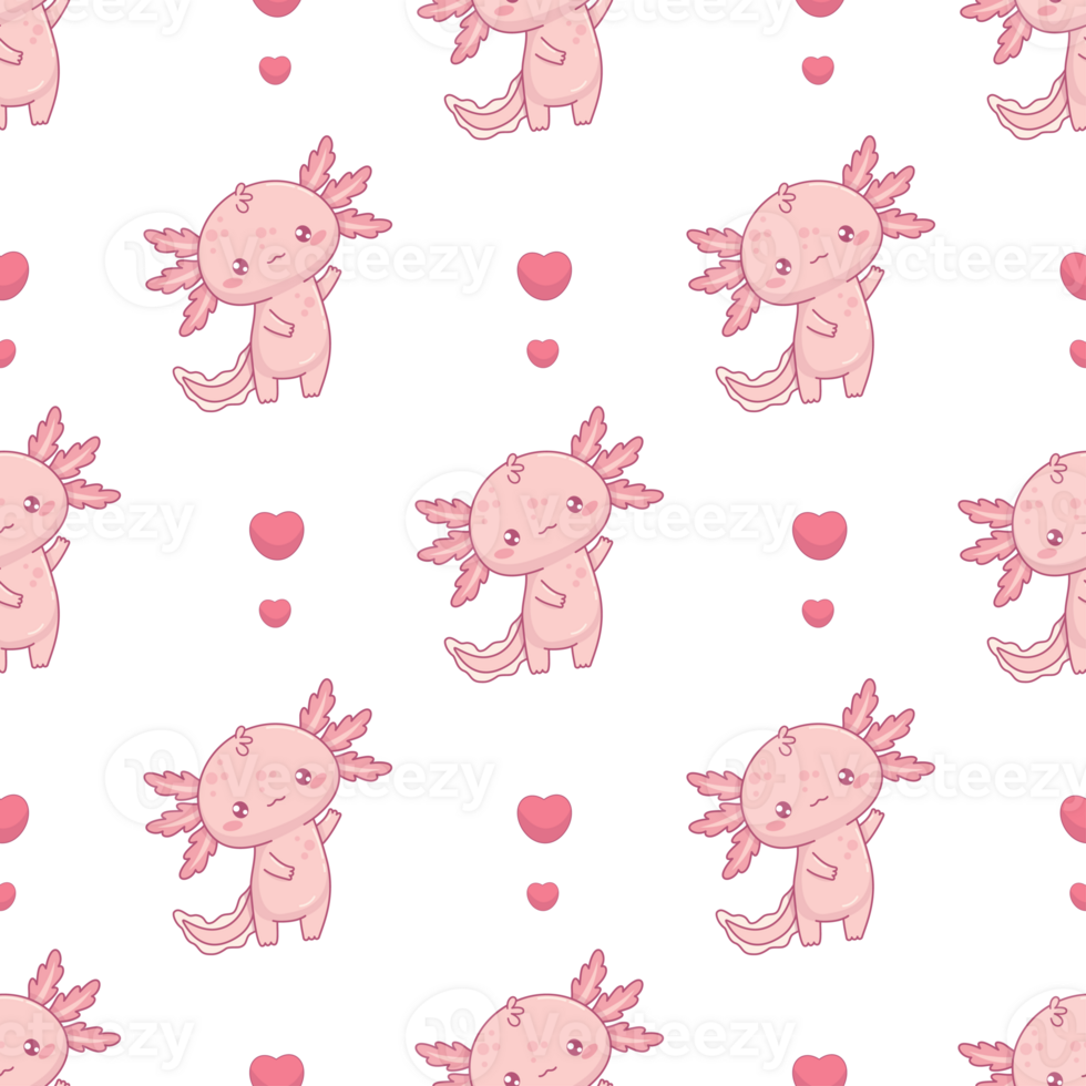 Seamless pattern with pink enamored Axolotl animal with heart png