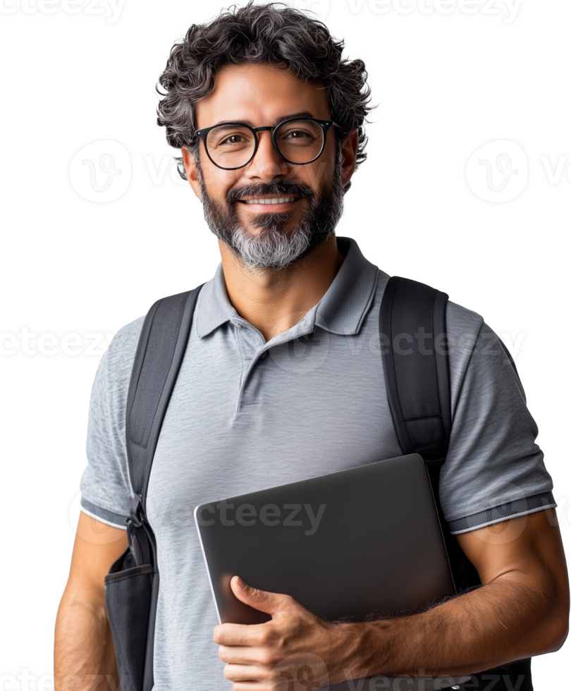 Man with laptop and backpack smiles confidently for professional setting in bright atmosphere png