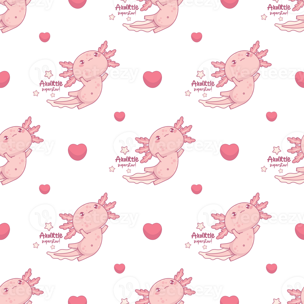 Seamless pattern with Axolotl superstar with heart png