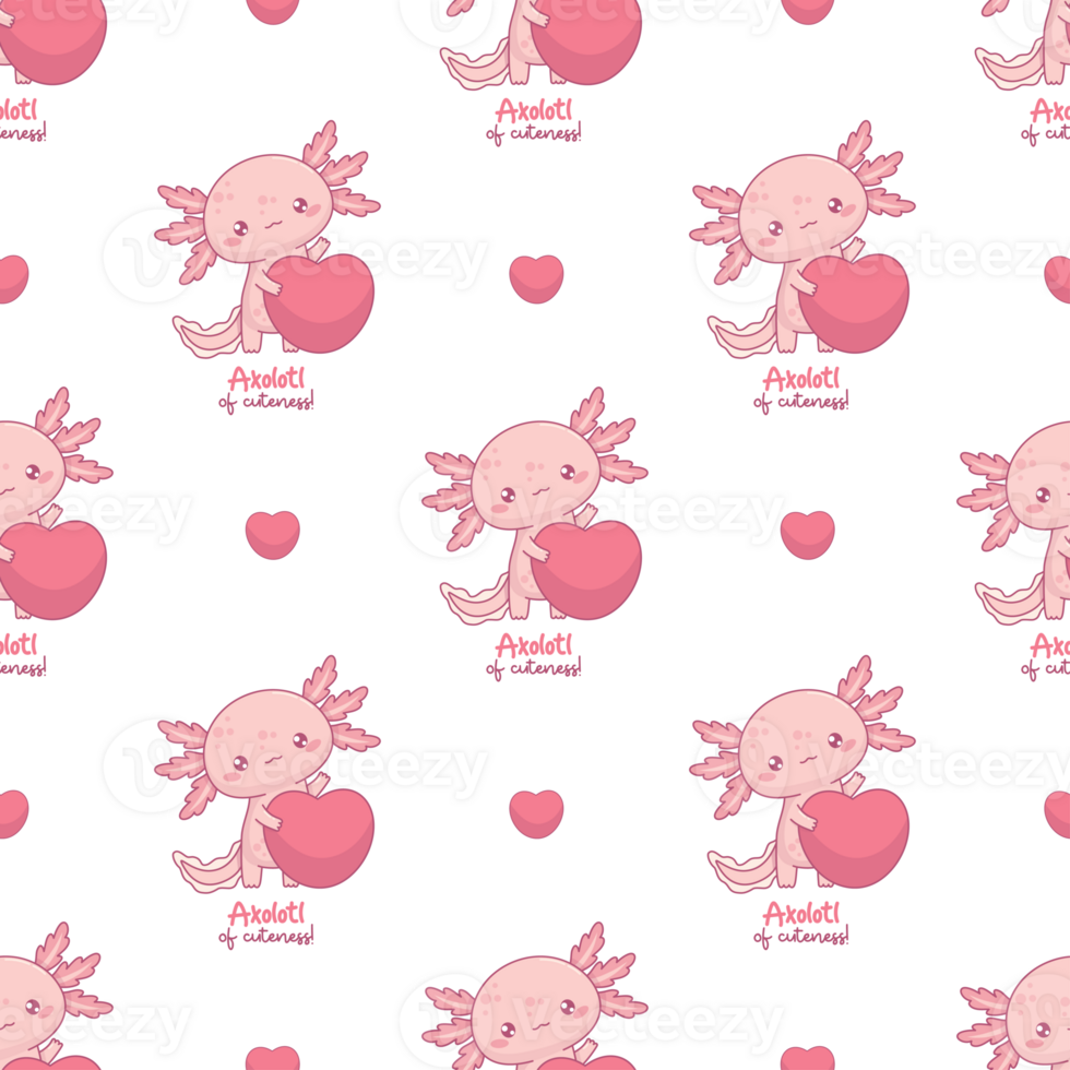 Seamless pattern valentine with cute enamored Axolotl with heart png