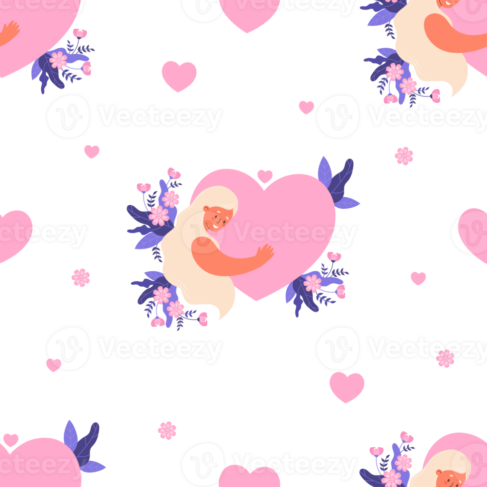 Seamless pattern Woman with long hair with pink Heart valentine png